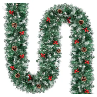 Kunstgirlande Tannengirlande 2,7 m beschneit, Weihnachtsgirlande mit Zapfen & Beeren, ElitVita, Ø 25 cm, 10 Zapfen & 10 rote Beeren für Treppengeländer, Kamin und Tür grün Ø 25 cm x 270 cm