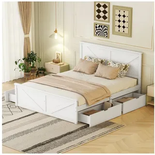 STILVORA Funktionsbett 160×200 mit Schubladen,Holzbett Jugendbett mit Lattenrost&Matratze, 160x200cm Einfaches Holzpritschenbett mit vier Schubladen weiß
