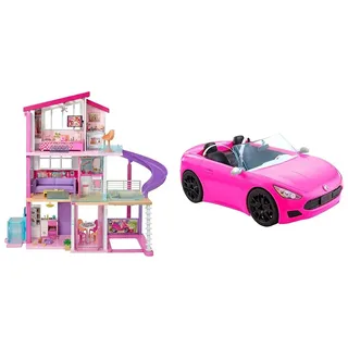 Bundle aus Barbie Traumhaus mit 3 Etagen, 8 Zimmern, Pool mit Rutsche und Zubehör, ca. 116 cm hoch mit Lichtern und Geräuschen + Barbie Cabriofahrzeug, rosa mit rollenden Rädern, 2 Sitzer