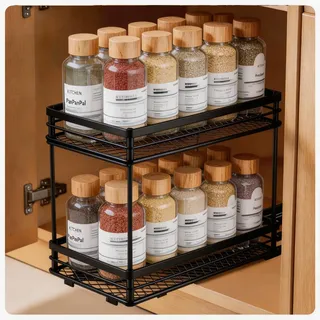 Gewürzregal Ausziehbar mit 2 Ebenen - Gewürz Organizer mit Rollenschienen, Teleskop Gewürzständer für Küchenschrank, Robuster Küchenorganizer zur flexiblen Montage (Kleben oder Bohren), 26x15x21,8 cm
