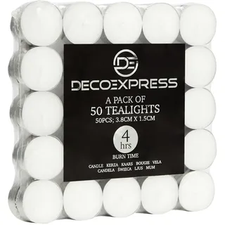 DECO EXPRESS Teelichter Großpackung, 24, 25, 50, 100 oder 200 Teelichter Lange Brenndauer 4, 8 oder 10 Stunden (Weiß, 50/4 Stunden)