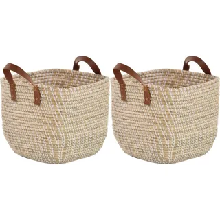 Krines Home Aufbewahrungskorb Set/2 Handgearbeiteter Seegras Dekokorb zur Aufbewahrung Flechtkorb (2 St., 2er-Set), Korb Natur mit weißen Wicklungen Hell Natur Quadratisch beige