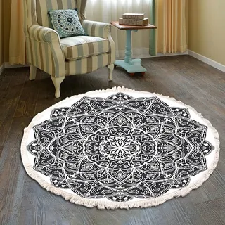 Vintage Boho Baumwolle Teppiche Mandala Muster Waschbar Handgewebte Böhmische Runder Teppich mit Quasten für Schlafzimmer Flur Wohnzimmer Couchtisch Fußmatten,Waschmaschinenfest,80CM Blumen #26