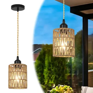 YOFHPT Boho Rattan Pendelleuchte, E27 Hängelampe Geflecht – Vintage Hängeleuchte Rattan Lampenschirm Ø13cm, Indoor/Outdoor Lampe mit 1.5M Kabel für Wohnzimmer Schlafzimmer Flur Balkon Küche