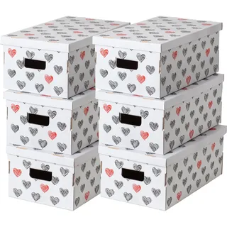 6-er Set Aufbewahrungsboxen aus Karton, Geschenkboxen aus pappe mit Deckel, FSC-Zertifiziertem Papier, Hertzen, 29x51x20cm, Weiss