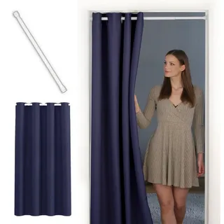tinycurtains Türvorhang mit Stange weiß 70-120 cm Thermo Vorhang ohne Bohren, blickdicht, Ösen, verdunkelnd, Polyester, dunkelblau Ocean, Türgardine mit Klemmstange Raumtrenner Vorhang Tür blau 150 cm x 195 cm