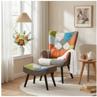 HomeMiYN Ohrensessel Relaxsessel Lehnstühle Patchwork Ohrensessel mit Hocker lesesessel, Chair orange