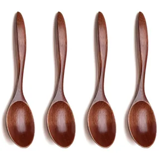 HUZNA 4 Stück Holzlöffel Klein,Natürlicher Holzlöffel Klein Löffel Suppe,Honiglöffel Holz,Teelöffel,Hölzernes Küchenzubehör für Tee,Kinderreis,Dessert,Braun,Kaffee,Marmelade