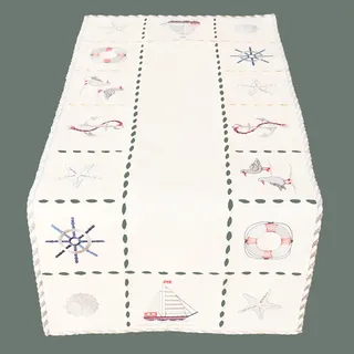 Tischdecke Tischläufer Mitteldecke Maritime Stickerei, wollweiß mit bunter Stickerei 25 x 160 cm/Aufmachung 1 Stück