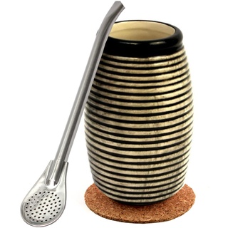 Set mit Keramik becher für Yerba Mate-Tee ● Mate Tee tasse 260ml ● Edeltahl trinkhalm Bombilla 19cm ● Korkpad ● Stainless steel Straw and ceramik yerba mate tea cup