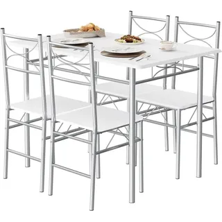 Woltu Esstisch mit 4 Stühlen, Essgruppe Set für 4 Personen, mit Metallgestell, MDF, Weiß - Weiß/Silber
