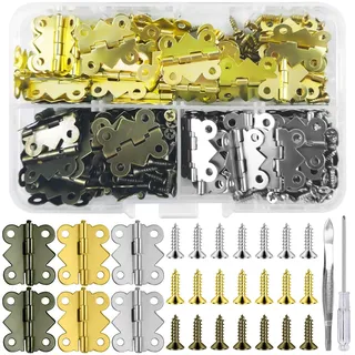 Bohoray 90 Stk Scharniere Klappbar Klein, Schmetterlingsform Mini Schanier 20 * 17 mm, 3 Farben Metall Scharniere Klein mit 360 Schrauben, 1 Schraubendreher für Schmuckbox Cabinet Holzkiste DIY