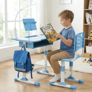 Kinderschreibtisch höhenverstellbar, Schülerschreibtisch Jugendschreibtisch mit Lampe, Schreibtisch Kinder mit Stuhl, Bücherständer und Schublade inkl. Kinder Schreibtisch für Jungs & Mädchen (Blau)