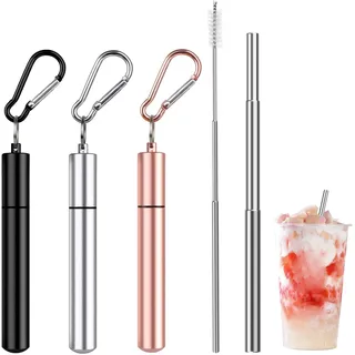 3 Set Edelstahl Strohhalme Wiederverwendbar Teleskop Strohhalme,Tragbare Metall Trinkhalme mit Faltbare Reinigungsbürste Metallbox, Teleskop Trinkhalme für Reisen Familie Arbeit (10-22.5cm)