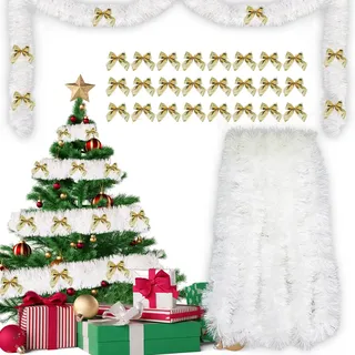Tannengirlande 10m + 24pcs Weihnachtsschleifen Gold, Girlande Weihnachten Outdoor, Weihnachtsgirlande, Lametta Girlande, Lametta Weihnachtsbaum, Tannengirlande Künstlich, Christmas Garland