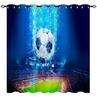 YUANZU Fußball Sportfeld Vorhänge Blaue 3D Muster Ösen Gardinen mit Blickdichte Thermo Vorhang Kälteschutz Blackout Curtain Kinderzimmer Schlafzimmer Verdunkelung Fenster, 2 Stück, H 213 x B 200 cm