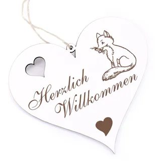 Herzlich Willkommen Schild - sitzender Fuchs - Deko Herz Holz Willkommensschild Türschild Dekoschild Türdeko