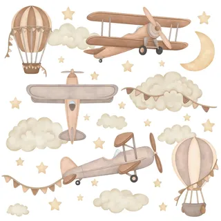 Wally Fox - Wandtattoo Kinderzimmer - Kinderzimmer Deko - Wandtattoo Kinderzimmer Jungen, Mädchen - Flugzeuge, Luftballons, Sterne, Wolken, Braun Beige, Boho - XL - 34stk