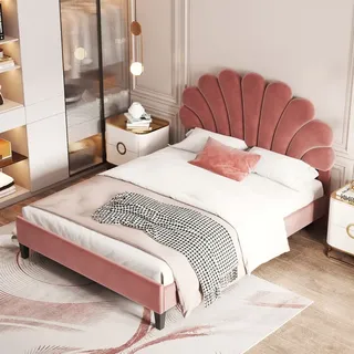 Gliese Polsterbett Doppelbett 140 x 200 cm,Bettrahmen mit blumenförmigem Kopfteil und Lattenrost, Kinderbett Funktionsbett Gästebett Erwachsenen-... - Rot