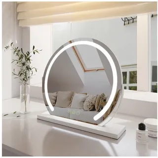 EMKE Kosmetikspiegel mit Beleuchtung Rund Schminkspiegel led Tischspiegel, Weiß Rahmen 3 Lichtfarben,Dimmbar, 360° Drehbar