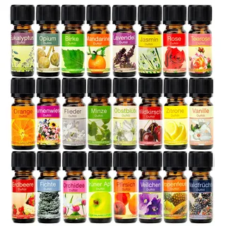 Duftöl 24er SET Duftoel, Oel mit den Dueften Wildkirsche, Fichte, Blumenwiese, Jasmin, Vanille, Rose, Orange, Minze, Opium, Obstblueten, Lavendel, Teerose, Veilchen, Flieder, Waldfruechte, Birke,Mandarine, Tropenfeuer, Pfirsich, Eukalyptus, Orchidee, Erdbeere, GrŸner Apfel, Zitrone, Raumduft, 24x 10 ml