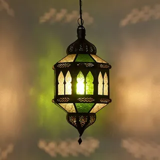 Casa Moro Orientalische Hängelampe marokkanische Lampe Trombia Biban Grün Weiß H 50 cm aus Metall & Relief-Glas | Kunsthandwerk aus Marrakesch wie aus 1001 Nacht | L1370