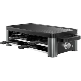 WMF Raclette Master, indirekte LED-Beleuchtung, Keramikbeschichtung, 8 Raclettepfännchen, 1500 W, Variable Temperatur, spülmaschinengeeignete Pfännchen und Spatel schwarz|silberfarben