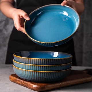 CSYY 4 Teiliges Pastateller aus Keramik, 21cm Tief Pasta Teller Set Pastaschüsseln Groß Suppenteller Tiefe Salatteller Mikrowelle & Spülmaschinenfest Blau