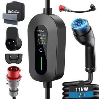EzGoGo Mobile Wallbox 11 kW 7 m, 6-16 A mit CEE‐Stecker | Ladekabel Auto CEE 16A auf Typ 2 Ladekabel, Einstellbare Leistung & Ladezeit, IP65 Wasserdicht, EV-Charger Für EVs & PHEVs