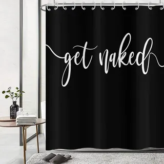 Hnmdmyi Duschvorhang Schwarz 240x180, Weiß Art Font Words Get Naked Duschvorhänge Funny Quotes Schöne und Coole Badewanne Vorhang Wasserdicht Polyester Stoff Waschbar Badevorhang mit Haken