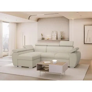 MIRJAN24 Ecksofa Boston Mini Premium Cord 2RLC, mit Bettkasten und Schlaffunktion, Verchromte Metallfüße, Einstellbare Kopfstützen beige