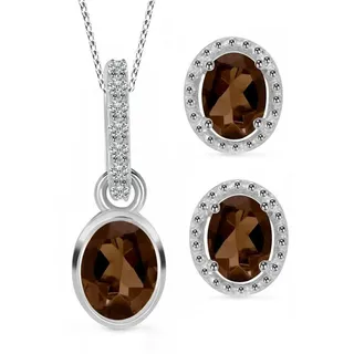Limana Ohrring und Ketten Set echter Rauchquarz und Topas 925 Silber Halskette Ohrstecker Anhänger (inkl. Schmuckbox, Edelstein Echtschmuck), Geschenkset Idee Geschenk für Sie Frauen Damen Freundin Mutter Oma braun