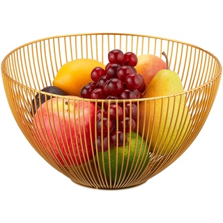 Relaxdays Obstschale Metall, runder Obstkorb, H x D: 14 x 25 cm, Drahtkorb für Früchte, Gemüse & Brot, modern, Gold