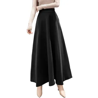 Damen Lang Rock Elegant Maxi Winterrock Plaid Warm Wollrock Hohe Taille Karierter röcke Herbst Elastische Taille Vintage A Linie Casual Midi Faltenrock C Schwarz L - L