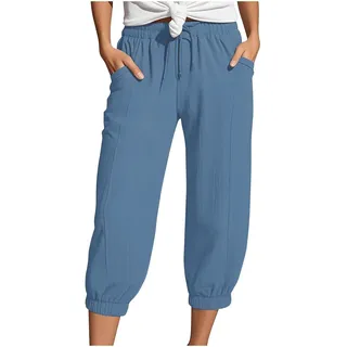 JVHYANFUL Musselin Hose Damen 3/4 - Sommerhose Leicht Leinenhose Sommer 7/8 Hosen Mit Taschen Caprihose Stretch Culotte Schlupfhose Stoffhose Strandhose Jogginghose Freizeithose Leinen Shorts