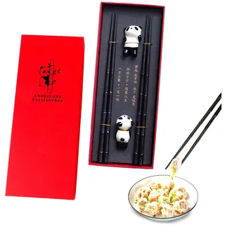 Yqhugbc 2 Paar Essstäbchen, Stäbchen zum Essen, Anti Rutsch Stäbchen, Sushi Stäbchen, Spülmaschinenfeste Essstäbchen mit 2 Chinesischen Panda Keramik Stäbchen Halter, Wiederverwendbare