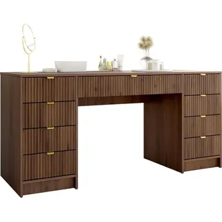 MIRJAN24 Schreibtisch / Schminktisch Tireno Bis, Schlafzimmer Kosmetiktisch mit neun Schubladen, Goldfarben Aluminiumgriffe (Farbe: Nuss Okapi) - Braun