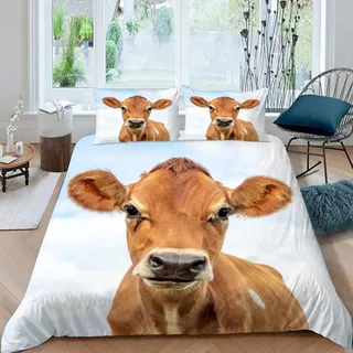 XIWEIER Jersey Kuh blaues Himmelstier Bettwäsche 135x200 Atmungsaktive Weiche Mikrofaser Bettbezug mit ReißVerschluss Sommer 3 Teilig Bettwäsche Set Für Kinder Bettbezüge und 2 Kissenbezug 80x80 cm