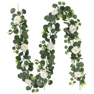 2 Stück Eukalyptus Girlande Deko, 180cm Verschlüsselt Eukalyptus Pflanze Künstlich Blumengirlande für Hochzeiten Partys Esstische Kaminsimse Treppen Türrahmen Heimdekoration Blume (Grün mit Blumen)