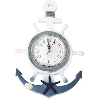 VOSAREA Maritime Holz Anker Wanduhr mit Stern Vintage Rustikale Nautische Meer Wandkunst Ornament Steuerrad Quarzuhr für Kinder Wohnzimmer Schlafzimmer Wandhänger Dekoration