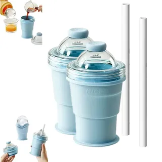 2-in-1 faltbarer Silikon-Eiskugel-Becher, faltbarer Eishockeybecher, wiederverwendbar, tragbar, Eiskugelform mit auslaufsicherem Deckel und Strohhalm, 325 ml, Reise-Trinkbecher für Camping