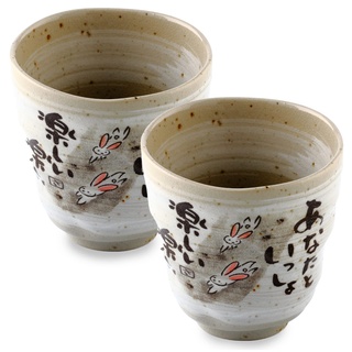 Authentische MIno Yaki (Ware) handgefertigte japanische Teetassen Yunomi Teetasse Tasse, japanisches Gedicht Kaninchen-Design, grau, 18 ml, 2 Stück, Keramik, Teeparty-Set, grüner Tee, Matcha-Tee
