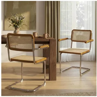 LuxusKollektion Rattanstuhl Esszimmerstühle Rattan Freischwinger Holzrahmen 2er Set Olivbraun