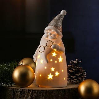 LED Weihnachtsmann - Dekofigur - Brille und gold glitzernde M√otze - H: 19,5cm - Batterie - wei√ü