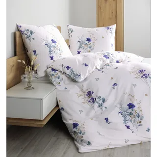 JANINE Mako-Satin Blumen Baumwolle Taubenblau/Lila 135 x 200 cm + 80 x 80 cm