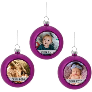 MilyaDE 3 Stück Weihnachtskugeln mit eigenem Bild, Kunststoff innen Glitzer Lametta 6cm, Christbaumkugeln Personalisierte selbst gestalten, Rosarot