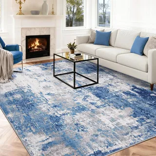 INOVADAY Waschbarer Teppich Wohnzimmer 240x300 cm Moderne Abstrakt Teppich Schlafzimmer mit Weichem Kurzflor rutschfest Minimalistische Teppiche für Lounge Esszimmer Blau/Grau