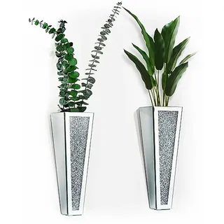 Kristall-Wandvase, hängende Blumenvase, silberfarben, zerkleinerter Diamant, verspiegelter Behälter, Blumenvase, Heimdekoration für Wohnzimmer, Esszimmer, Schlafzimmer, 2er-Set (29 cm hoch) Wittolins