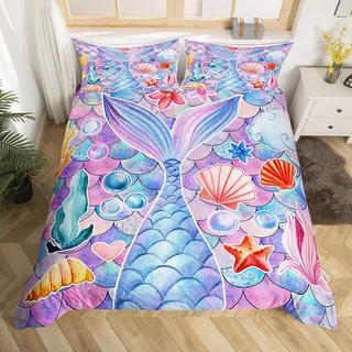 Loussiesd Ozean Bettwäsche Set 155x220cm für Mädchen Jungen Meerjungfrau Waage Betten Set Fischschwanz Bettbezug Set Mädchenhaft Bunte Glitzer Raumdeko Hawaiian Leben im Meer Bettwäsche Sammlung