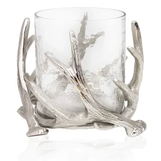 Windlicht Geweih mit Glaseinsatz Kerzenhalter Glaswindlicht Metall Silber edel Hirsch D=16cm